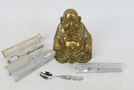A brass figure depicting Budai, 14 cm (h) and six Arthur Price collector spoons.