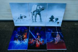 Six Star Wars related canvas prints, 62 cm x 41 cm.