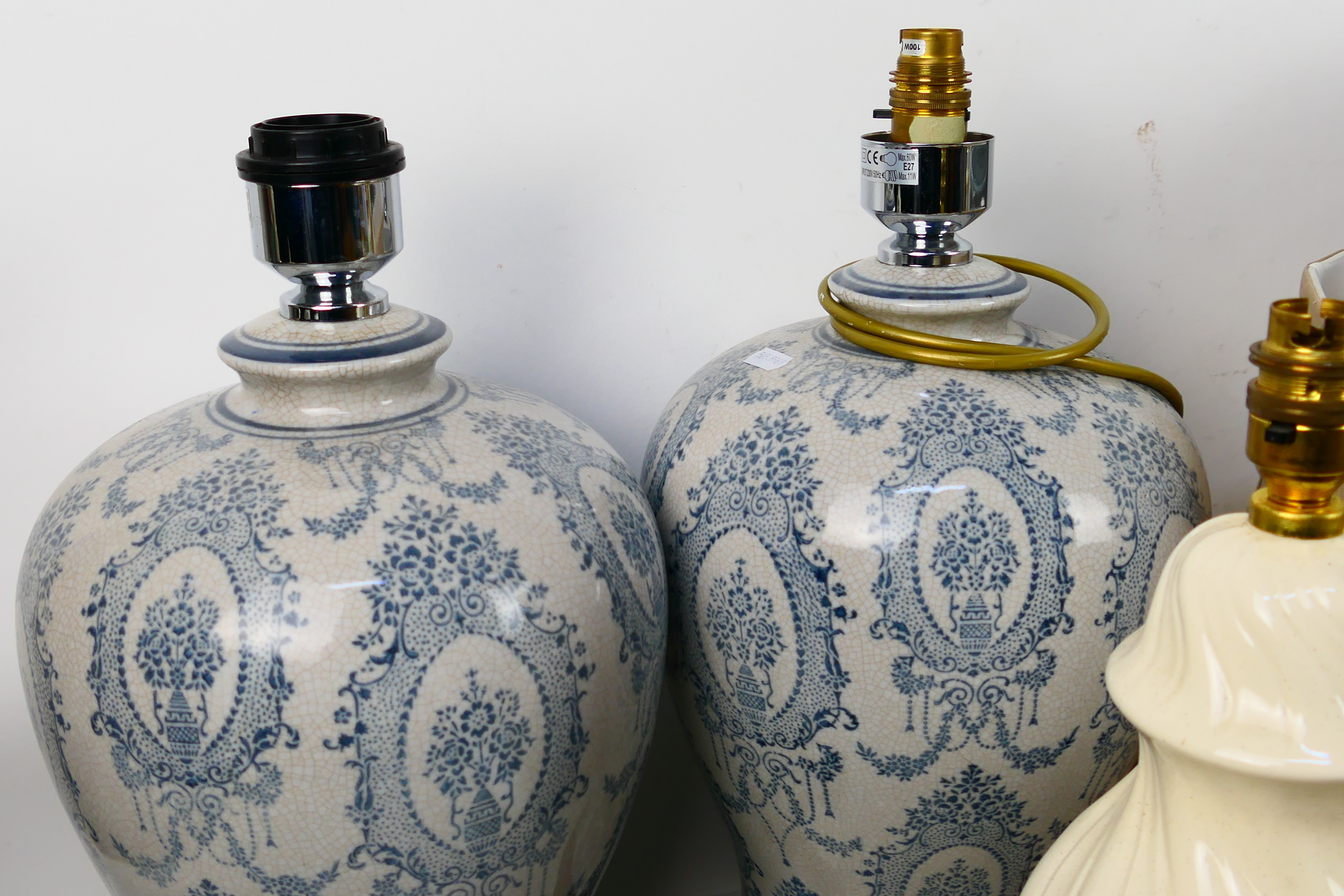 Two pairs of table lamps one pair with blue and white crackle glaze and one further near pair. [2]. - Image 5 of 6