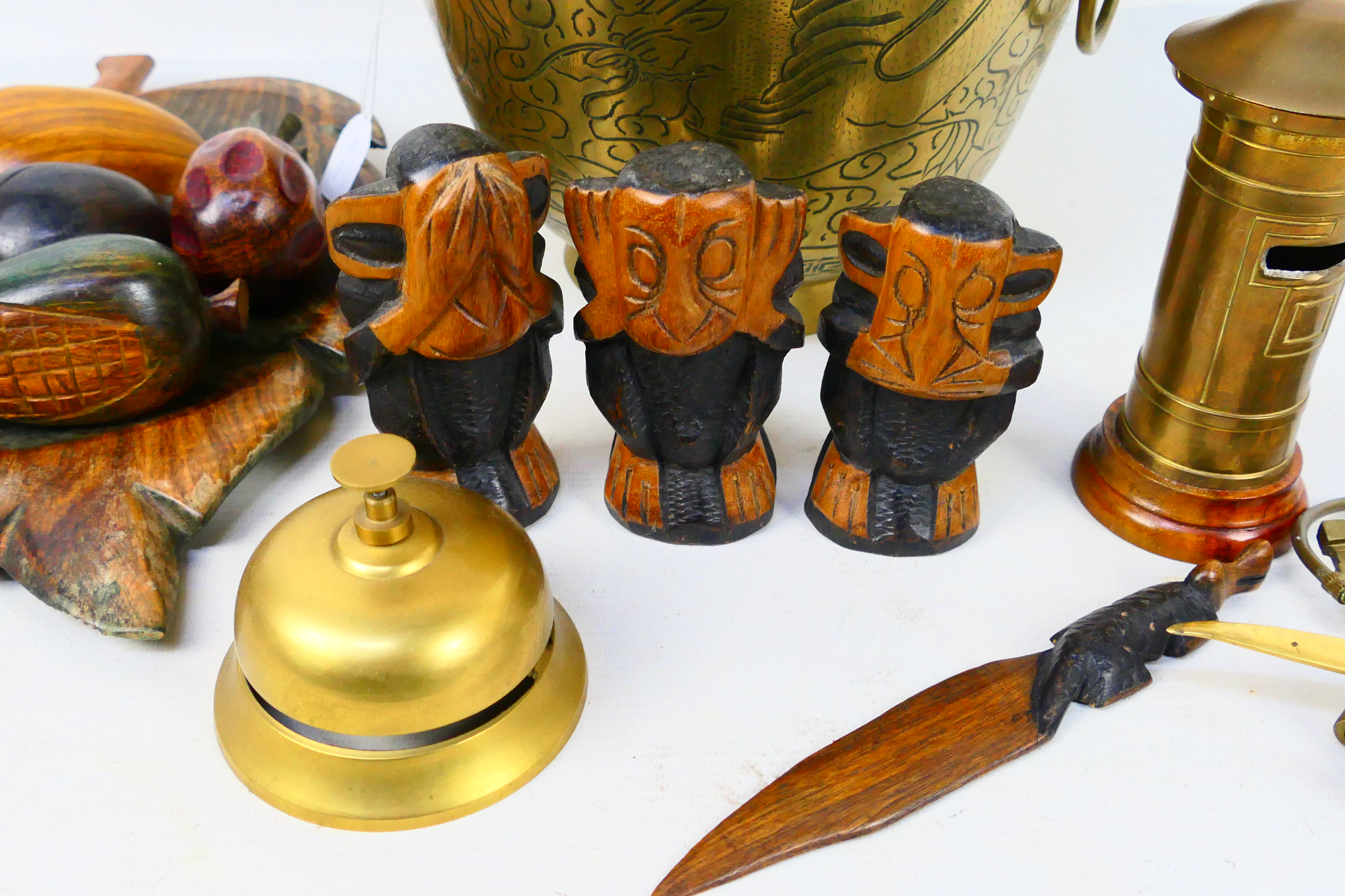 Brassware and treen to include brass counter top bell, carved wood fruits, - Image 3 of 5