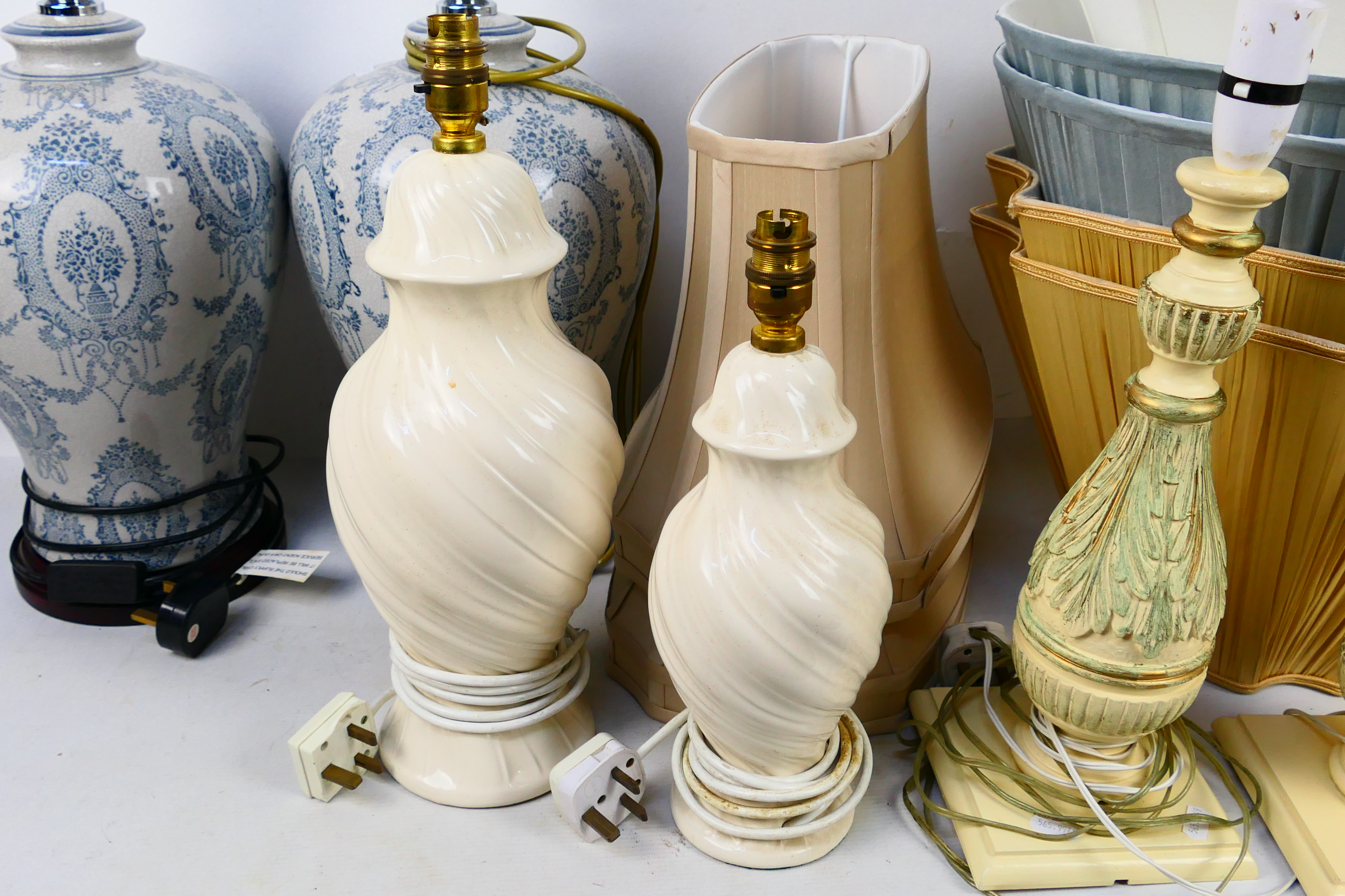 Two pairs of table lamps one pair with blue and white crackle glaze and one further near pair. [2]. - Image 3 of 6