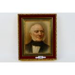 A framed oil on board portrait depicting an elderly bespectacled gentleman,