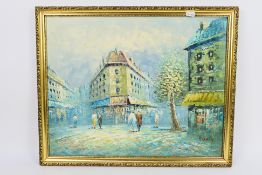 A framed oil on canvas continental street scene, signed lower right Burnett,