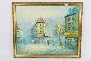 A framed oil on canvas continental street scene, signed lower right Burnett,