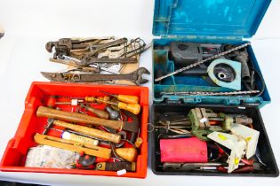 A quantity of tools to include hammers, pliers, spirit level, and similar.