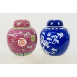 Two ginger jars and covers, one in blue