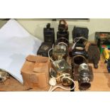 Collection of vintage and modern lamps including lanterns, railway lamps, car lamps,