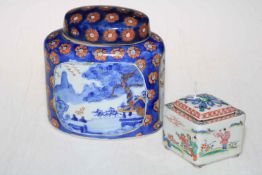 Chinese tea caddy and cover, with six-character mark to base and another Oriental box and cover.