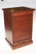 Mahogany tambour front stationery cabinet with four internal card document containers, 54cm high.