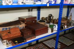 Collection of metal wares, including carving set, cutlery, candlesticks, egg balances, wooden boxes,
