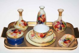 Collection of Royal Worcester pieces decorated with leaves, blossom and blackberries by Kitty Blake.