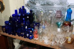 Collection of glass including cobalt blue, milk bottles, cut glass etc.