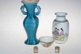 Two Chinese vases, Chinese bowl and pair of small Chinese canisters.