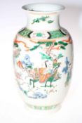Large Chinese 19th Century Famille Vert vase decorated with figures and dragon in landscape with