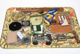 Treen flute, textile handbag, coins, paperweights, compact, corkscrew etc.