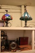 Viners canteen of cutlery, oil lamp, inlaid mantel clock, scales with weights, mirror,