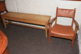 Rectangular elm low table/bench and low oak armchair (2).