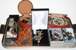 Set of amber coloured beads and collection of costume jewellery.