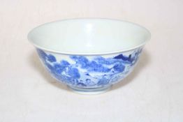 Chinese blue and white bowl decorated with figures in landscape with six-character mark, 16cm dia.