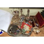 Collection of silver plated wares including carving set in box, teapots, candlesticks etc.