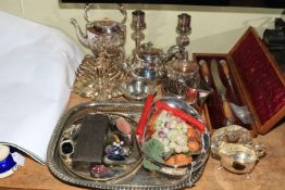 Collection of silver plated wares including carving set in box, teapots, candlesticks etc.