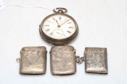 Three silver vesta cases and gents silver pocket watch (4).