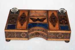 19th Century Tunbridge ware desk stand with butterfly decoration and ink bottles