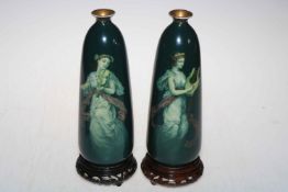 Pair of Vienna vases and stands, 24cm high.