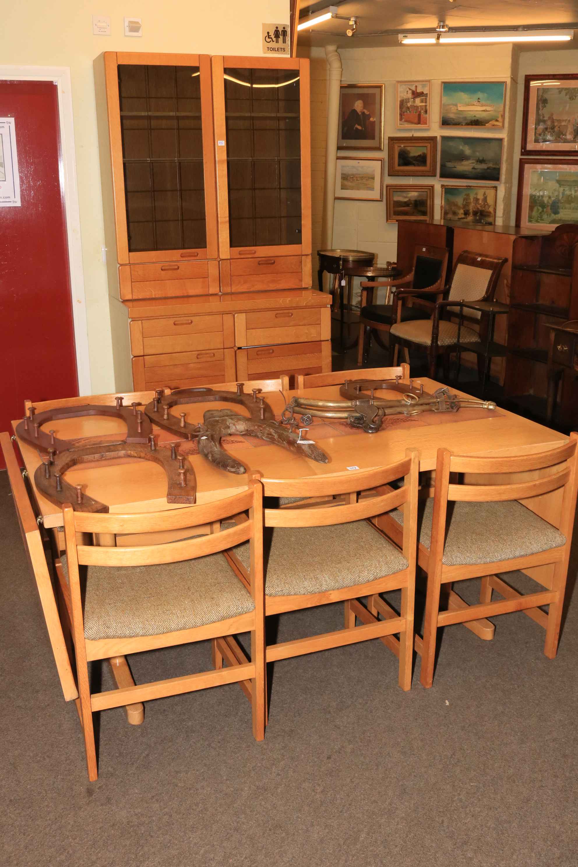 1970's Danish Vantinge Mobelindustri oak and part tiled top drop end dining table and six chairs