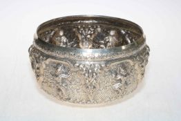 Indian white metal highly ornate embossed and chased bowl, 23cm dia., 734 grams.