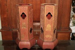 A pair of Chinese lacquered hat stands, 19th Century, of hexagonal form,