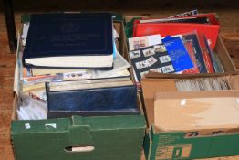 Two boxes of stamps, albums, first day covers etc.