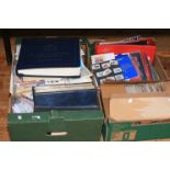 Two boxes of stamps, albums, first day covers etc.