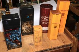 Six bottles of whisky including Highland Park 700ml, Glenmorangie 35cl and 70cl, Aberlour 70cl,