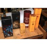 Six bottles of whisky including Highland Park 700ml, Glenmorangie 35cl and 70cl, Aberlour 70cl,