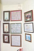 Three framed sets of cigarette cards, five sporting prints including spy and canal bridge print (9).
