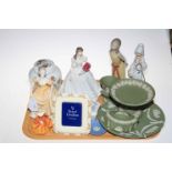 Coalport Emily and Royal Worcester anniversary figures, two Lladro figures, Wedgwood ginger jar,
