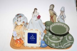 Coalport Emily and Royal Worcester anniversary figures, two Lladro figures, Wedgwood ginger jar,