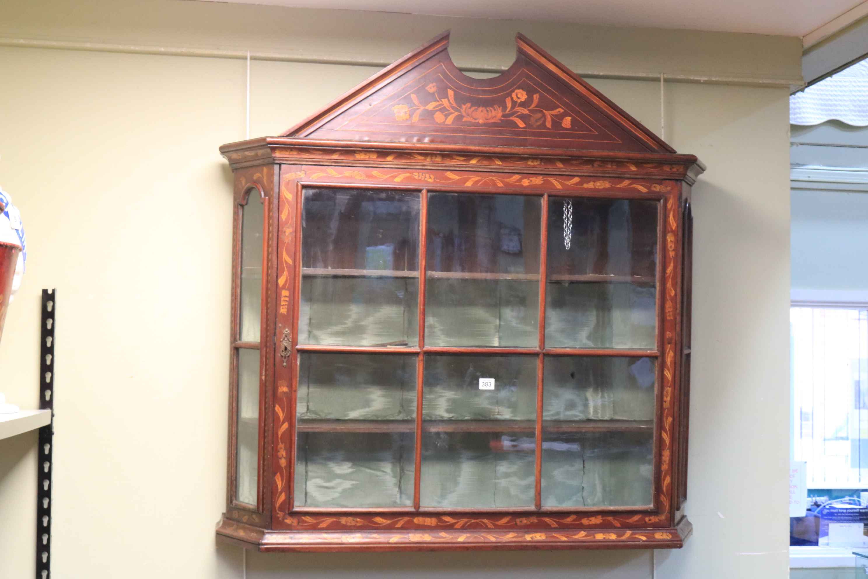 Victorian marquetry inlaid glazed panel wall cabinet with canted corners, 108cm by 108cm by 25cm.