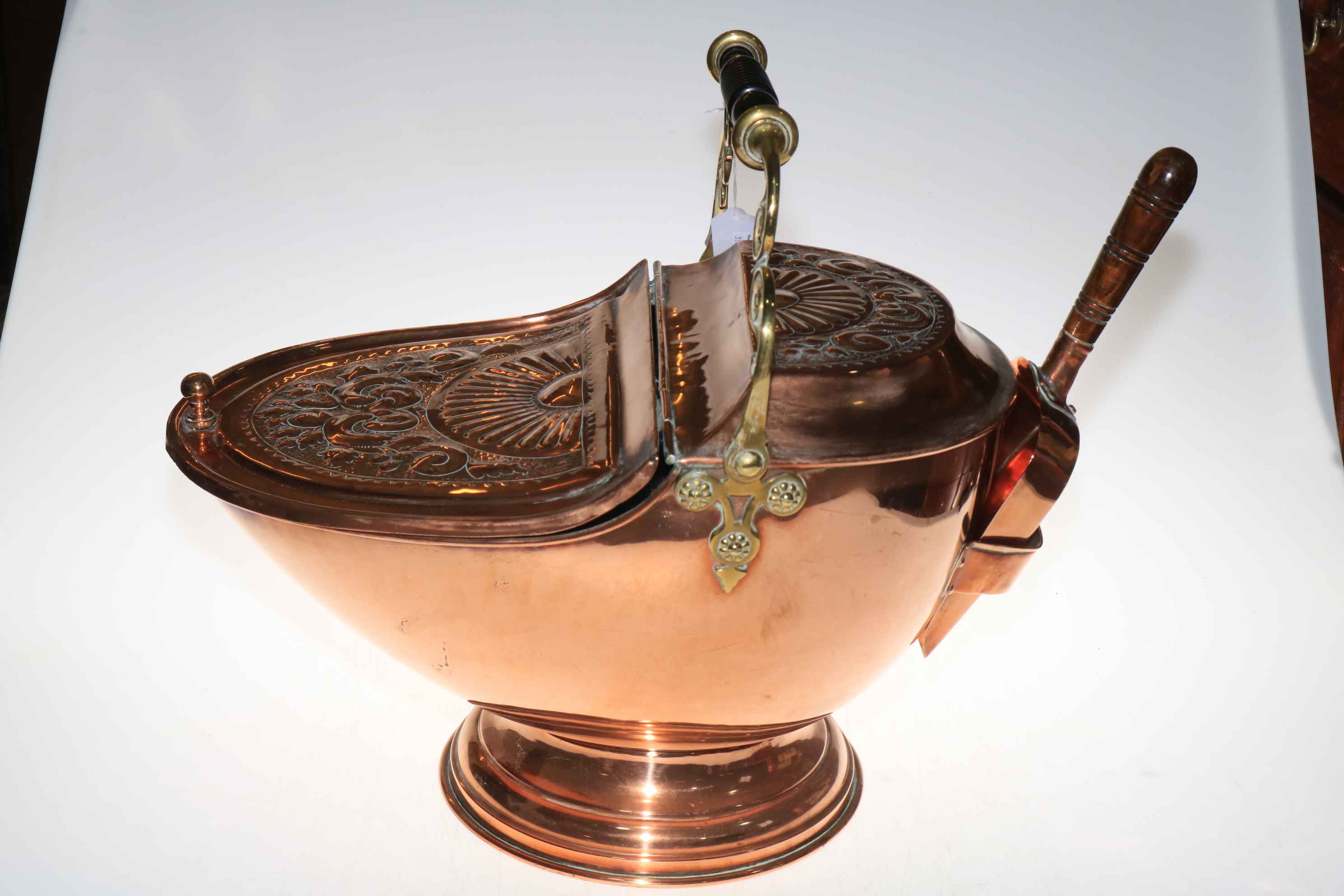 19th Century copper and brass coal scuttle with lid and shovel, with makers label for H.