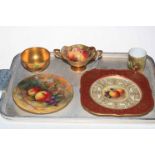 Royal Worcester fruit decorated plates, two handled cup, bowl and beaker,