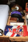 Two c1920-1940 autograph books, Edwardian inlaid mantel clock, costume jewellery, flags etc.