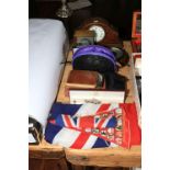 Two c1920-1940 autograph books, Edwardian inlaid mantel clock, costume jewellery, flags etc.