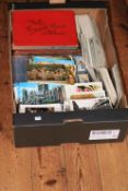 Box of assorted postcards, cigarette card albums etc.