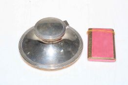 Pink enamel silver gilt box, .925, 8cm across and silver capstan inkwell (2).