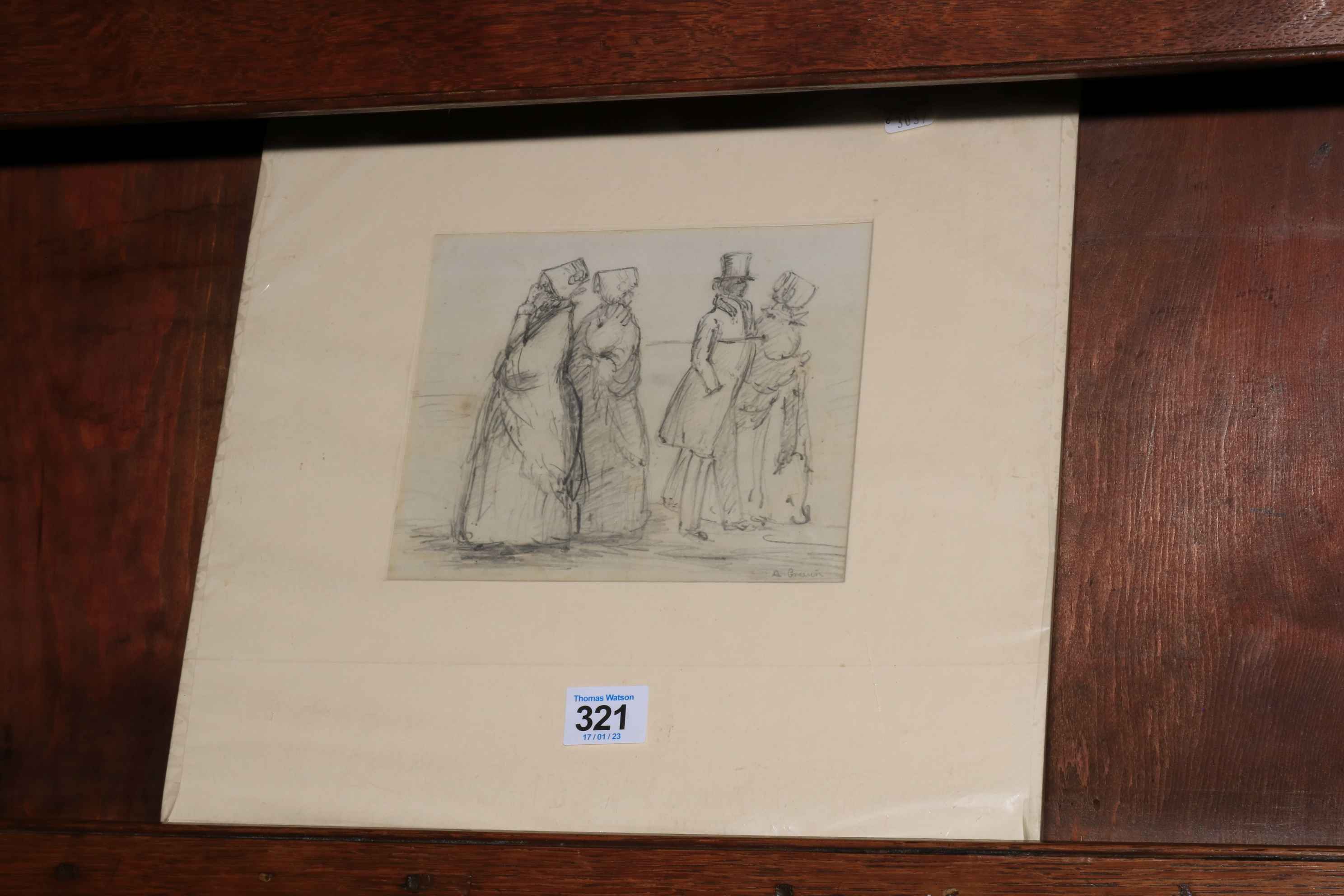 A Grevin, four figures, French pencil on paper, signed lower right, 14cm by 17.5cm, mounted.