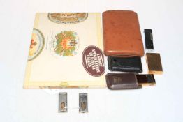 Leather cigar case and cigars, Dupont and two Calibri lighters,