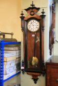 Victorian walnut and ebonised single weight Vienna wall clock with enamelled dial.