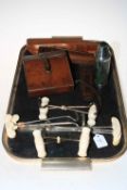 Hunting horn with leather case, leather bag, flask with cups, collection of boot pulls etc.