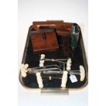 Hunting horn with leather case, leather bag, flask with cups, collection of boot pulls etc.